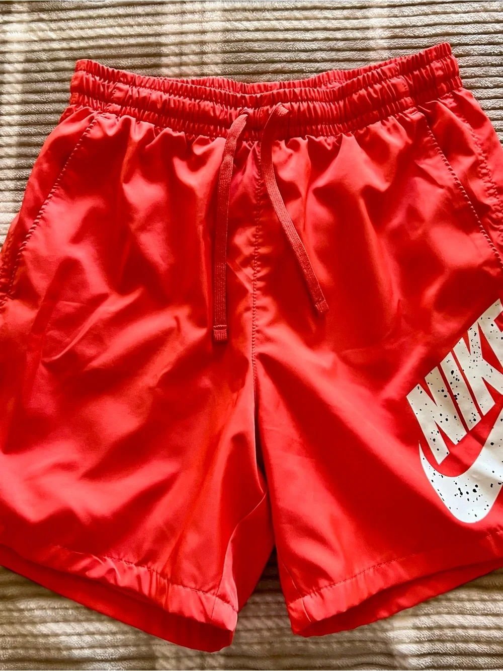 Nike Coral Orange Athletic Swim Shorts with White Swoosh. Size Small